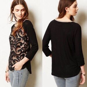 Anthropologie DOLAN Black Lace Filigree 3/4 Sleeve Rayon/Spandex T-Shirt SZ SM